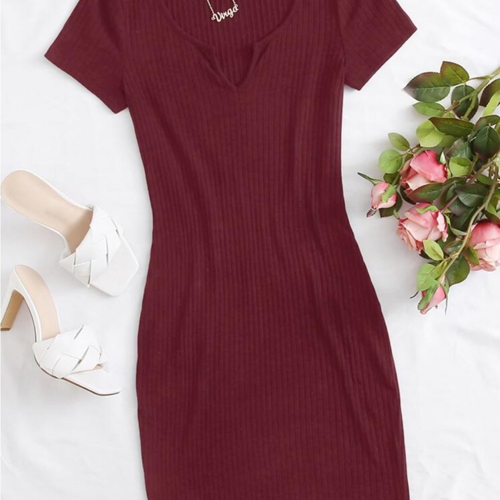 SHEIN BASICS Ribbed Split Neck Bodycon Mini Dress